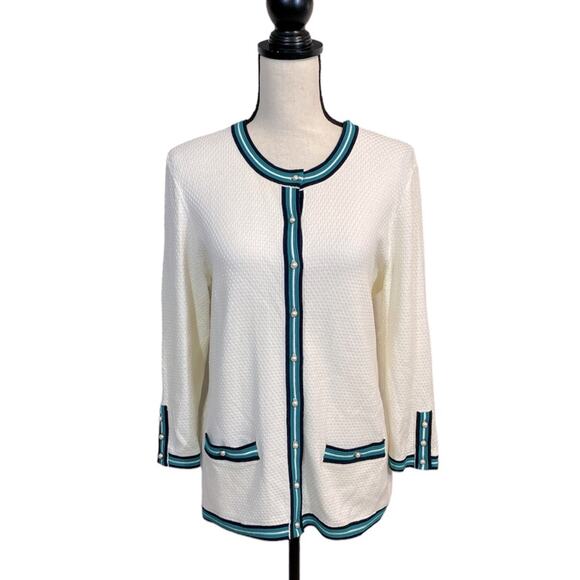 Talbots Ivory Waffle Knit Preppy Cardigan w/Contrast Trim Size Medium - Picture 1 of 8